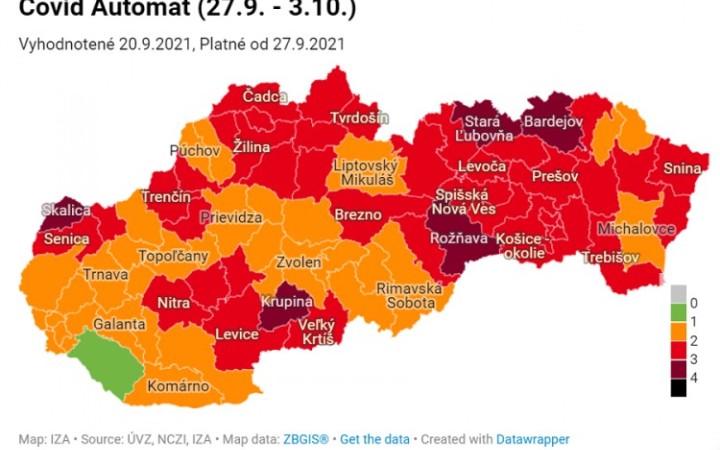 Od pondelka je päť okresov v bordovej farbe, zelená je iba Dunajská Streda