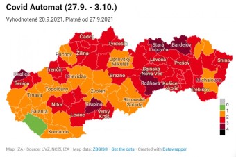 Od pondelka je päť okresov v bordovej farbe, zelená je iba Dunajská Streda